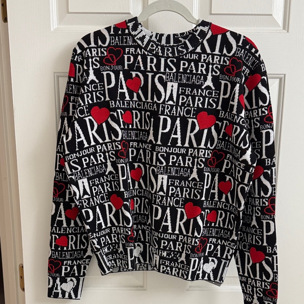 Balenciaga Black, White, and Red Love Paris-Motif Crewneck Sweater